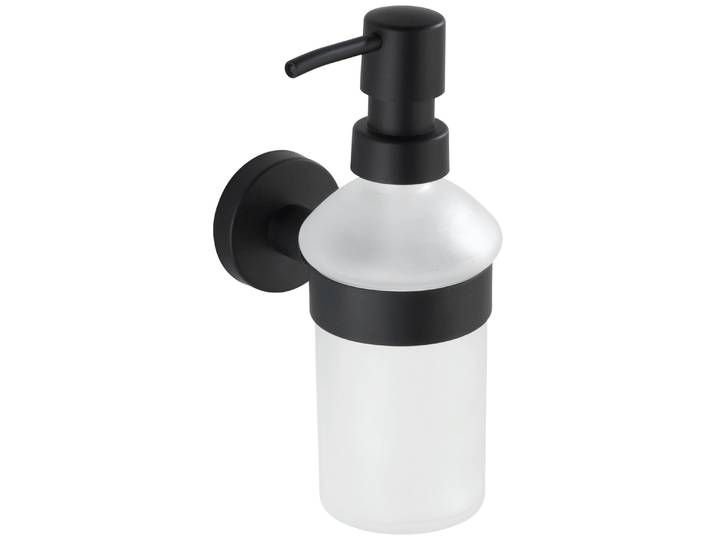 Seifenspender WENKO Bosio , schwarz (schwarz, weiß), B:7cm H:18cm L:11cm, Edelstahl, Dosierspender, Seifenspender, Edelstahl rostfrei, ca. 200 ml Füllmenge