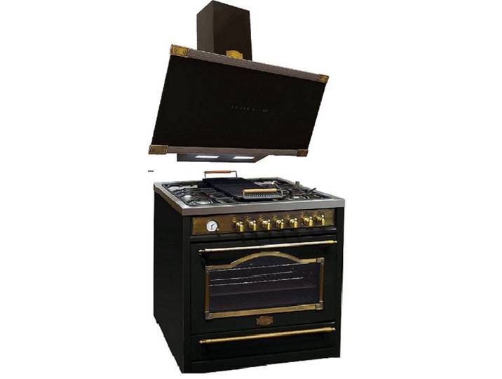 Kaiser Küchengeräte Gas-Standherd Retro Gas Elektro Standherd 90 cm +Dunstabzugshaube 90 cm HGE 93555 Em+AT 9445 AD., mit 1-fach-Teleskopauszug