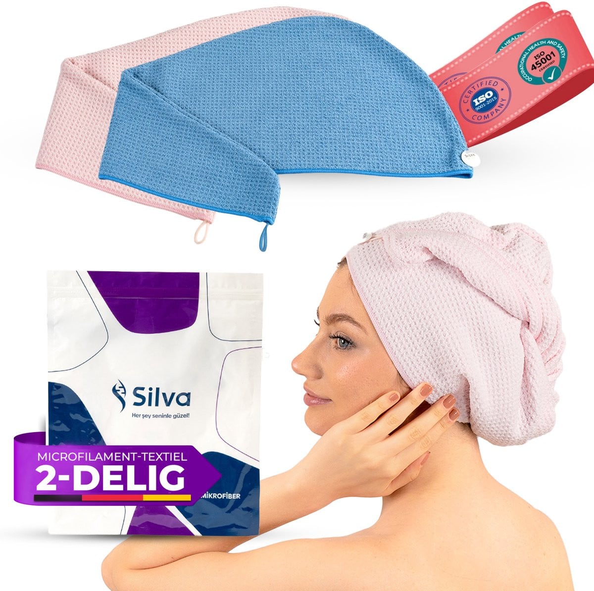 Silva Haarhanddoek - Microvezel Handdoek voor Haar - 2 Stuks - Roze-Blauw