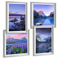 BILDER SET 4er Set - 50x50 cm & 40x60 cm Silberner Rahmen - Berglandschaften, Wasser, Blumenfeld