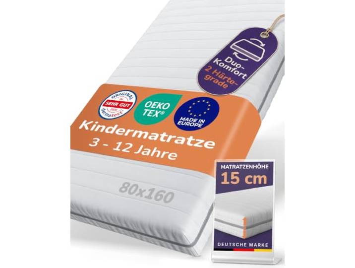 Sun Garden Kindermatratze 80x160 cm, 3 - 12 Jahre, 15 cm Komfortschaum RG28 2-in-1 Mitwachs-System für Kinderbett und Jugendbett, Oeko-Tex und Dermatest - Sehr gut, Made in Europe