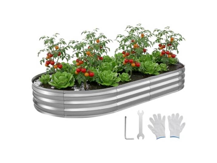 VEVOR Potager Surélevé Métal 240x120x30 cm Carré Potager Surélevé Ovale Lit de Jardin pour Extérieur Culture Fruits Légumes Fleurs\, Fond Ouvert\, Galvanisé Aluminium-Zinc\, avec Gants\, Couleur Argenté