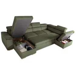 Casapy, Sofa + Bettsofa, Panorama-Ecksofa DAYTONA, 5 bis 6 Sitzplätze – Stoff Lincoln Khaki – Mit Stauraum (Ecksofa)