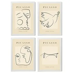 POSTER Set mit 4 Picasso Sammlung von Linienfrieden Ästhetische A3 Weißer Rahmen