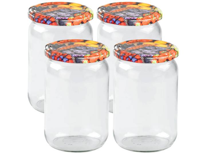 4er-Set Einmachgläser mit Schraubdeckel, Sturzgläser mit Früchte-Muster, je 720 ml