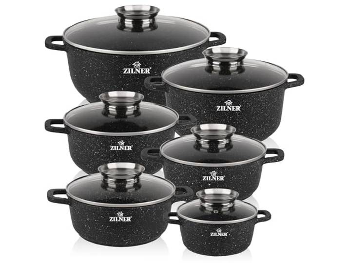 Topfset Induktion 12-Teilig mit Glasdeckel Kochtopf Set 6 Töpfen aus Aluminiumguss 6x Kochtöpfe Ø16, 20,20, 22, 24, 28 cm PFOA & PFOS-freie Antihaftbeschichtung aus Schwarzem Granit