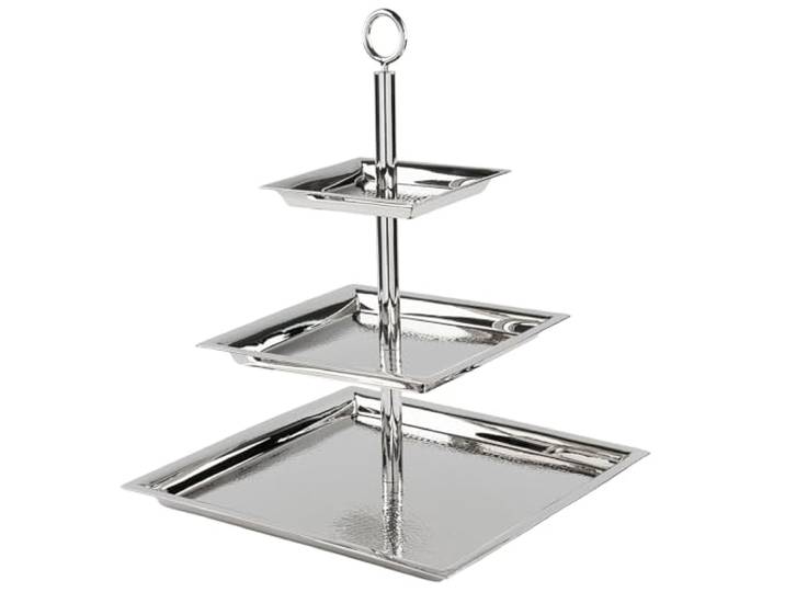 Fink 3-stöckige Etagere 34x34 cm eckiges Stufentablett Edelstahl gehämmert mit Griff
