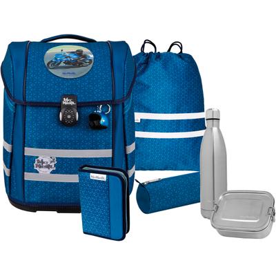 Schulranzen MCNEILL "Perfecto, Tetra", Kinder, Gr. B/H/T: 30cm x 38,5cm x 22cm, blau (tetra), Polyester, Rucksäcke, inkl. Federmäppchen, Turnbeutel, Schlamperrolle & Motivmagnet