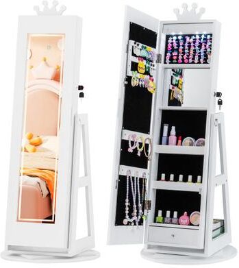 Costway 3 In 1 Kids Jewelry Cabinet with 3-Color Lighted Full Length Mirror and Internal Mirror-White