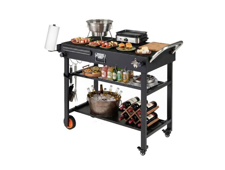 COSTWAY Grillablagetisch, Klappbarer Grillwagen mit 3 Ebenen, Unterlage & Haken