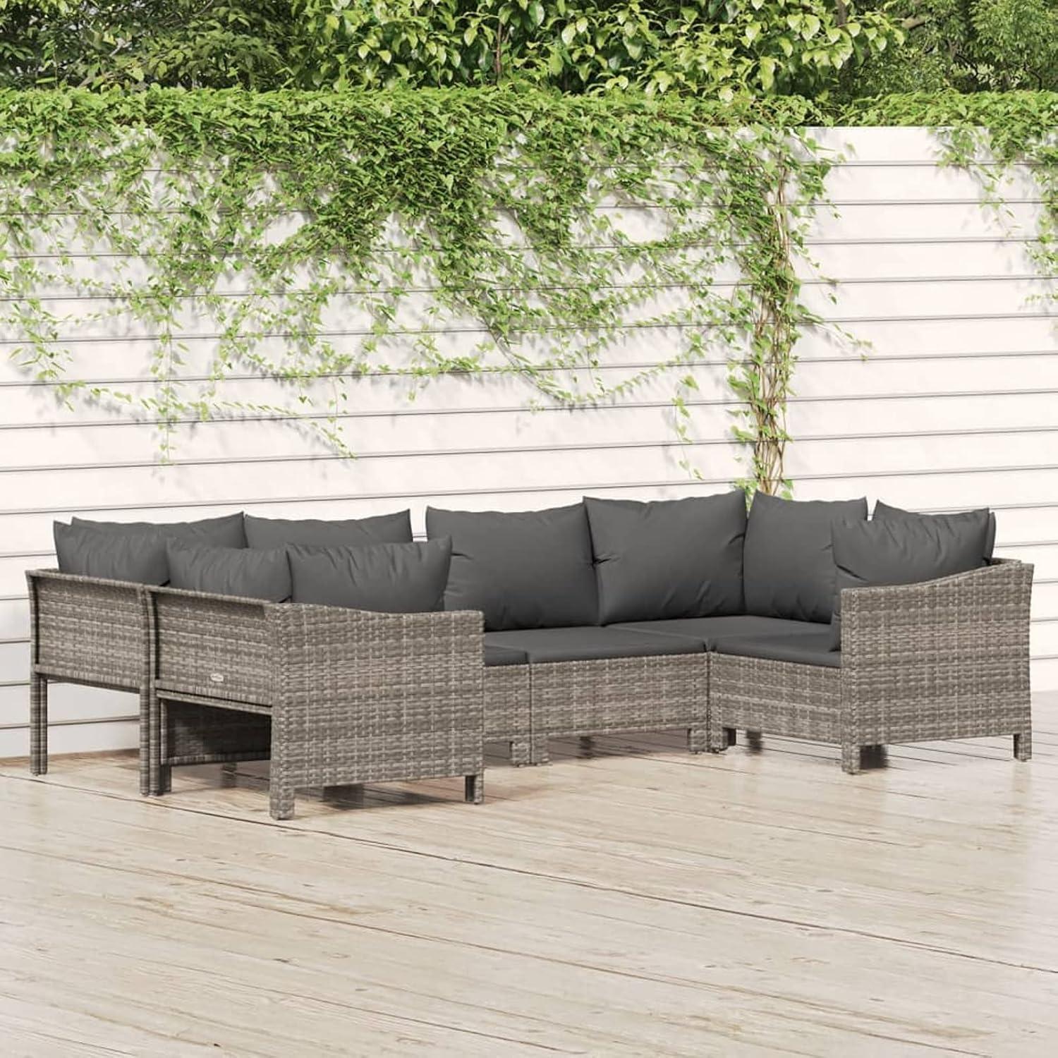 Gartenlounge-Set, 6-teilig, mit Gartensofa, Sitzgruppe, Kissen und Loungemöbeln aus grauem Poly-Rattan für Balkon und Garten