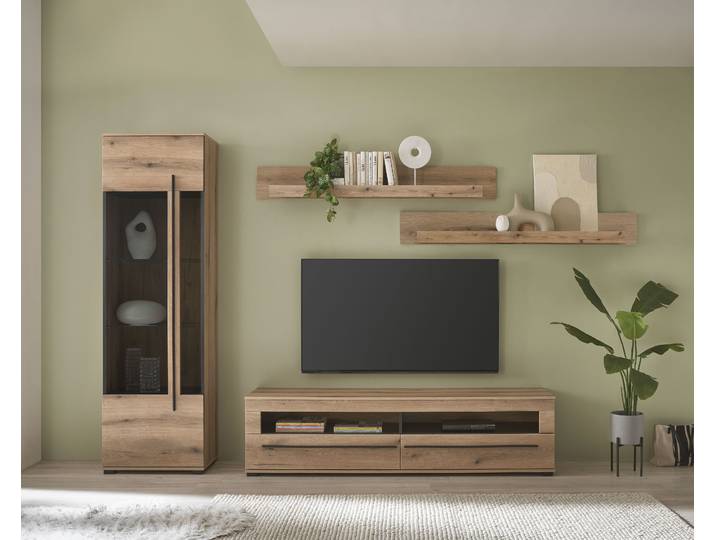 Wohnwand HOME AFFAIRE Cantara, Anbauwand, Wohnzimmer-Set, in Eiche Evoke, Weiss oder Kaschmir , braun (eiche evoke), B:240cm H:200cm T:42cm, Holzwerkstoff, Kastenmöbel-Sets, Wohnwand, enthält eine Vitrine, ein Lowboard und zwei Wandboards