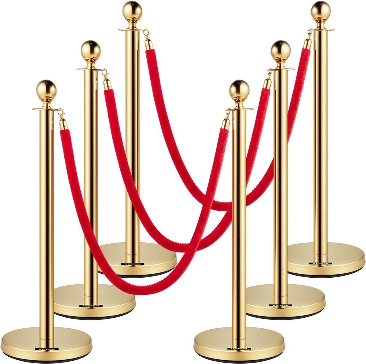 Samtseile und Pfosten, 1,5 m langes rotes Seil, Edelstahlpfosten mit goldener Kugelkappe, rote Absperrung für Theater, Partys, Hochzeiten, Ausstellungen, Ticketschalter, 6er-Set