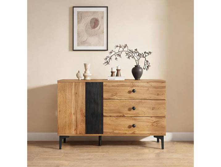 Buffet noir et naturel 120x35x76 cm en panneaux de particules style scandinave pour salle à manger ou salon
