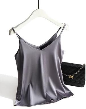 Inspire Select Women's Satin Silk Halter Cami White Backless Spaghetti Strap Summer Top gray m