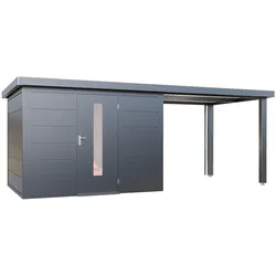 Wolff Finnhaus Premium Metall Gartenhaus Thorin 5924 Anthrazit inkl. 300 cm Anbaudach Lounge-Anbau rechts
