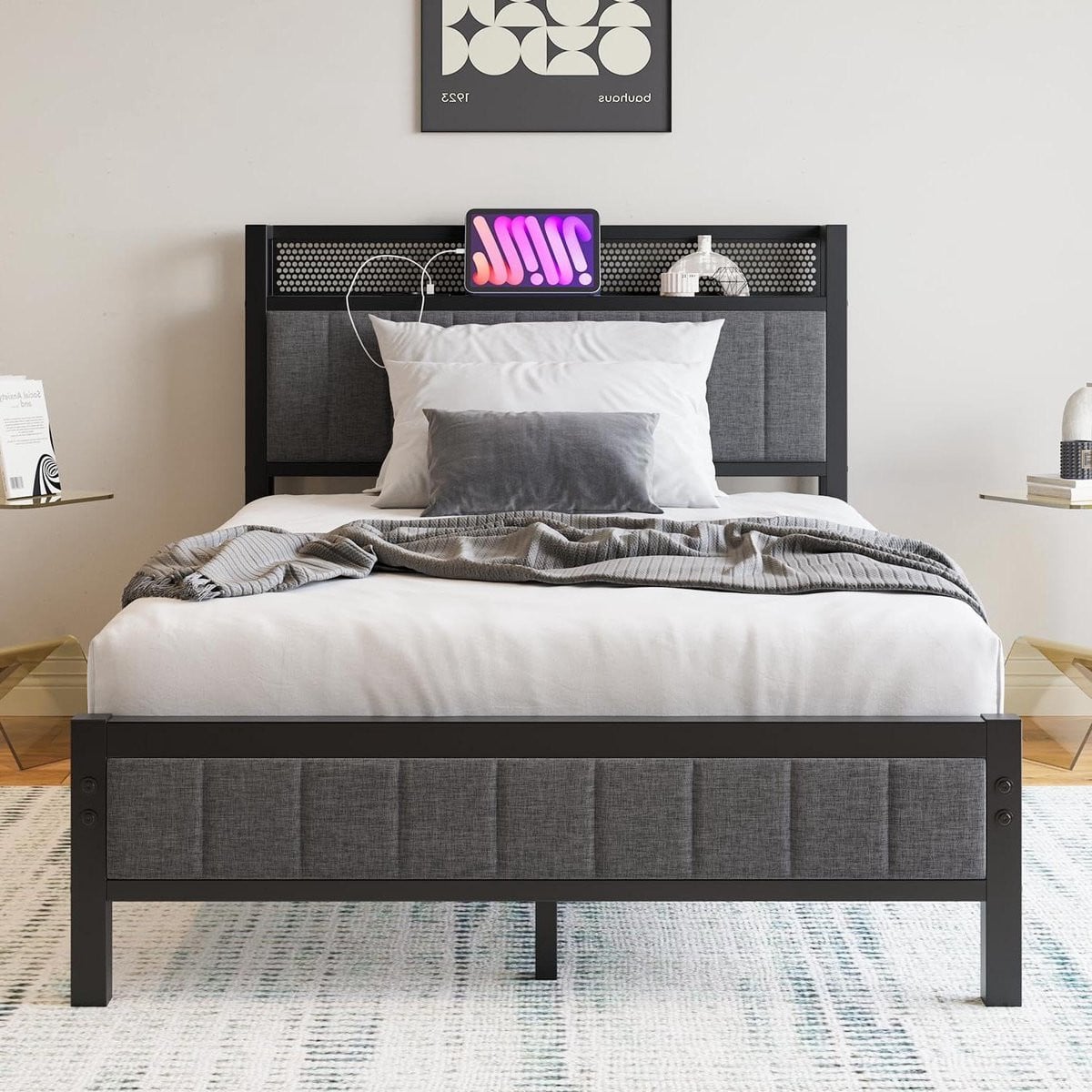 Donkergrijs Gestoffeerd Metalen Bedframe met USB-laadstation, 120 x 200 cm