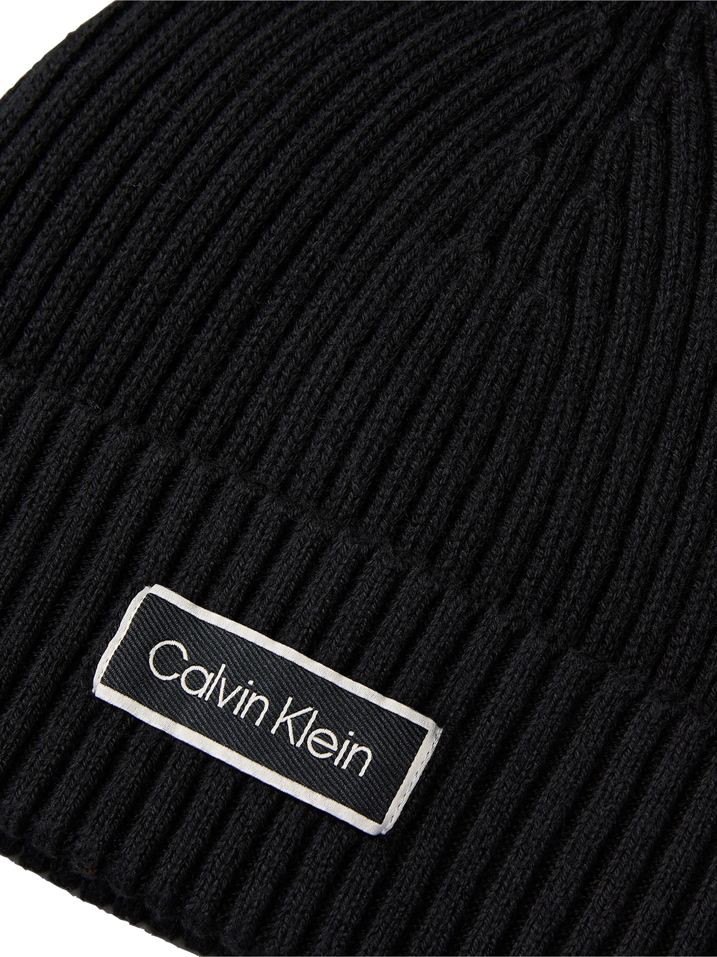 Beanie CALVIN KLEIN JEANS "PATCH CHUNKY RIB COTTON BEANIE", Damen, schwarz, Strick, Baumwolle, unifarben, Mützen Beanie, Regular fit mit aufgenähtem Markenlogo schwarz Einheitsgröße