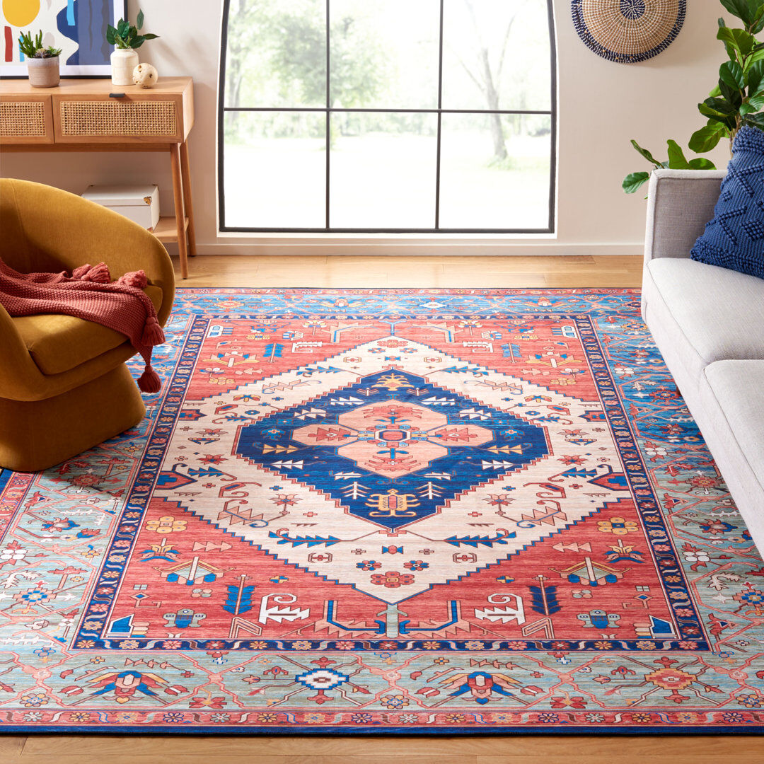 Astoria Grand Tucson Vintage Look Machine Washable Non-Slip Area Rug in Black & Grey Red;Blue Rectangle 244 x 305 cm