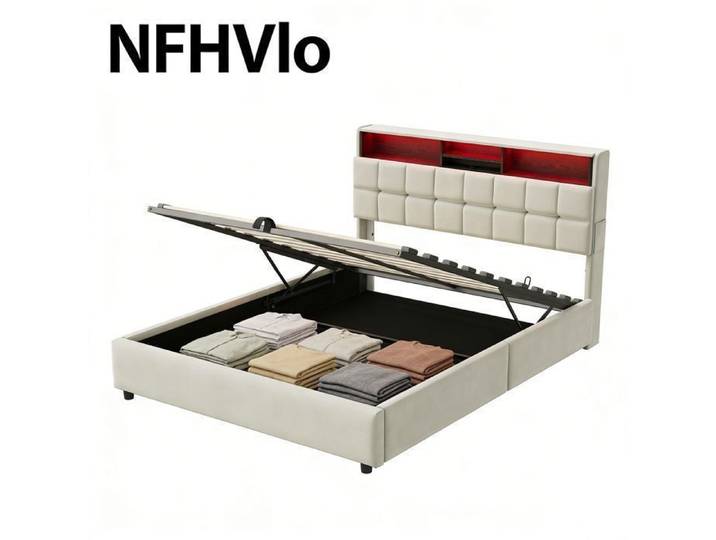 NFHVlo Lit double 140 x 190 cm avec sommier à lattes cadre de lit coffre avec rangement - USB