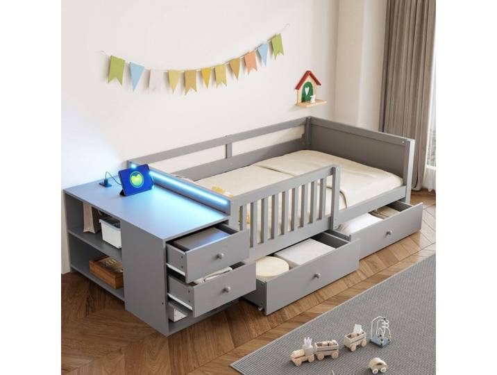 Lit enfant gris - BLACKCOLOR - 90 x 200 cm - Rangement amovible - Deux tiroirs - Prise intégrée - LED d'ambiance