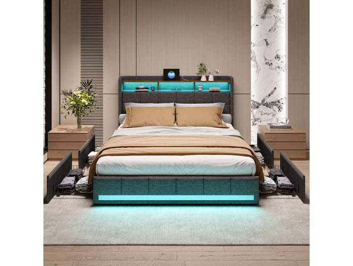 Lit 140x190 cm - structure de lit - RWUDV - LED -USB - cadre de lit 140x190 - lit double - sommier - Lin - Gris