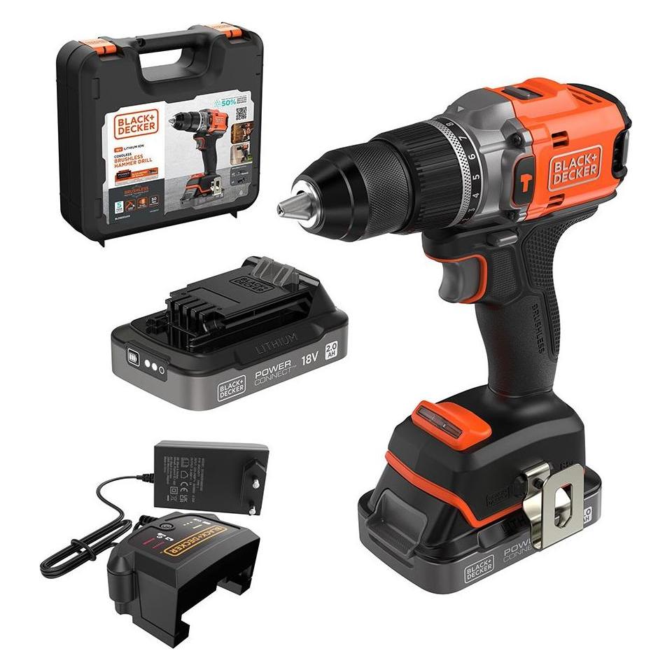 Black & Decker Akku-Schlagbohrschrauber, 50Nm, 18V POWERCONNECT, 2x2,0Ah, Koffer (Schlagbohrschrauber) (BLD683D2XK)