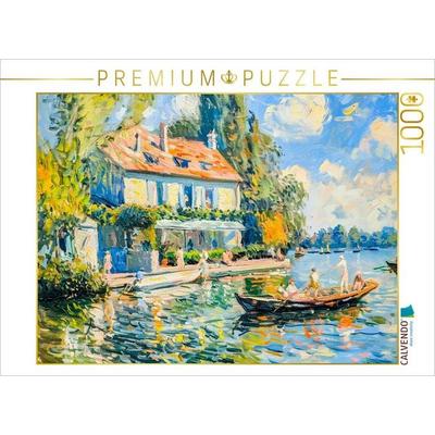 CALVENDO Puzzle Impressionistische Villa mit Boot auf dem See | 1000 Teile Lege-Größe 64x48cm Foto-Puzzle für glückliche Stunden