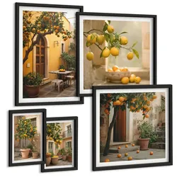 BILDER SET 5er Set - 50x50 cm & 20x30 cm & 40x60 cm Schwarzer Rahmen - Terrasse mit Zitrusbäumen
