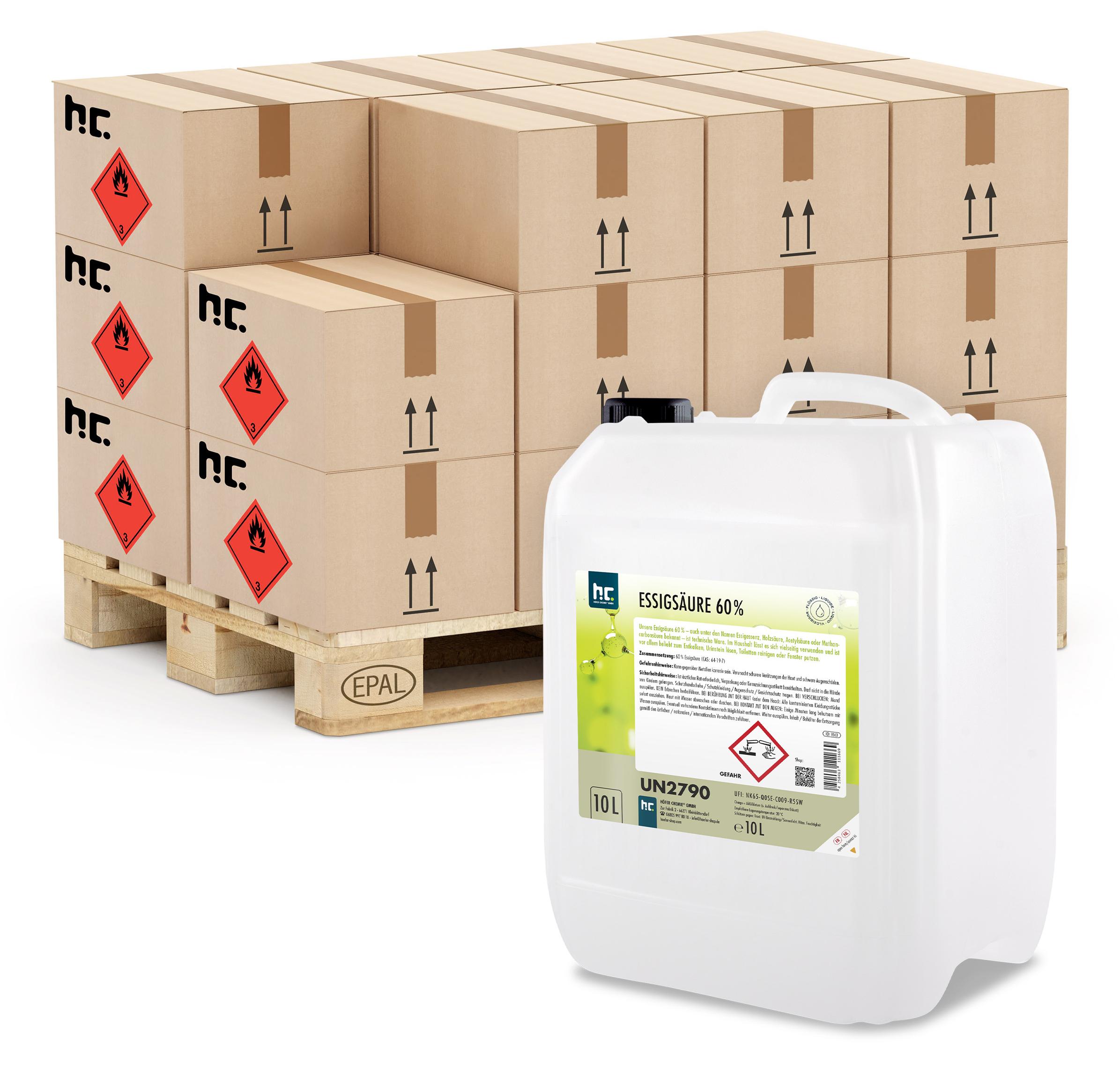 60x10 Liter hochprozentige Essigsäure 60% zur Entkalkung und Reinigung auch für den Haushaltsgebrauch geeignet