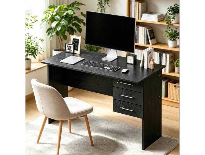 Bureau droit en bois noir 120 cm - 3 tiroirs avec serrure - Table de bureau
