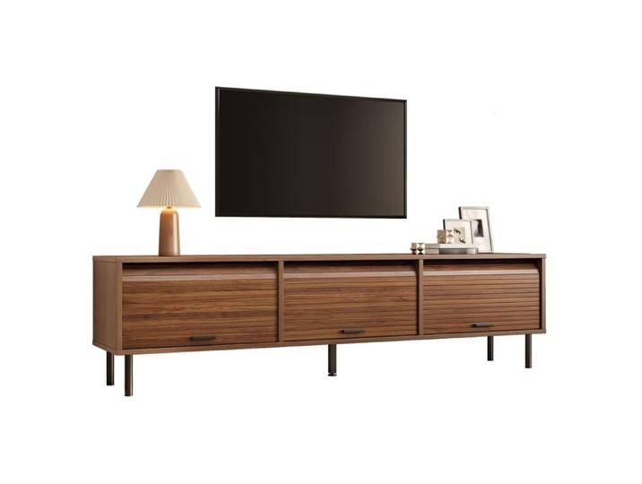 Meuble TV Lowboard 180cm Noyer 3 Portes Coulissantes Gaufrage Vertical Rangement Salon Étagère Pieds Métal Noir