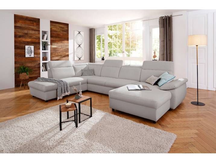 U-Form Wohnlandschaft, 354x232 cm, Struktur fein, Silber, Mit Kopfteilverstellung & Bettfunktion, Modern, Home-affaire