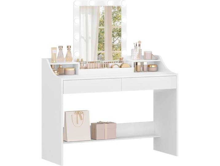 Coiffeuse avec Eclairage LED 108cm Luminosité Réglable Coiffeuse avec Miroir avec 2 Tiroirs et 2 Compartiments Ouverts Blanche