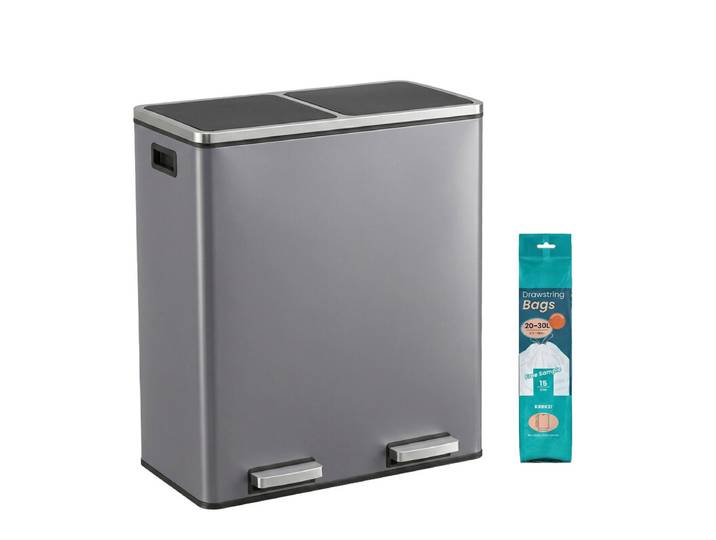 JOYFURNOS Poubelle de recyclage, Poubelle à pédale à 2 compartiments avec couvercles et fermeture douce, Séparateur de déchets de cuisine, Métal, Gris ardoise