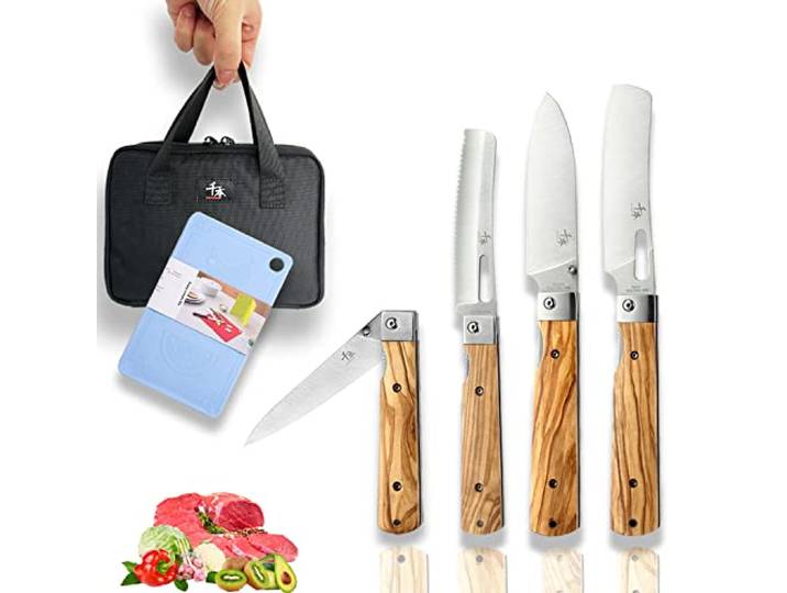 SENBON 440A Edelstahl Küchenmesser Tragbare Faltenmesser Chefmesser Olive Holz Griff 4 Stück Set