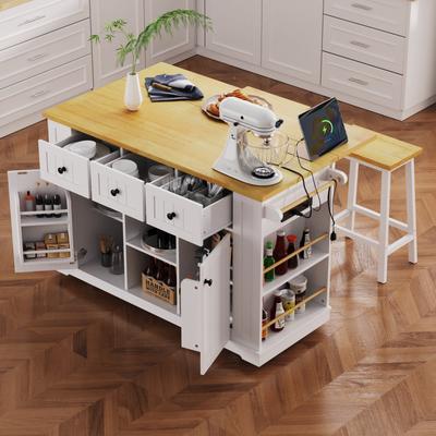 Cusp Barn 53'' Kitchen Island with Drop Leaf and Power Outlet, Rolling Kitchen Cart on 5 Wheels with 5 Open Side Racks for Kitchen