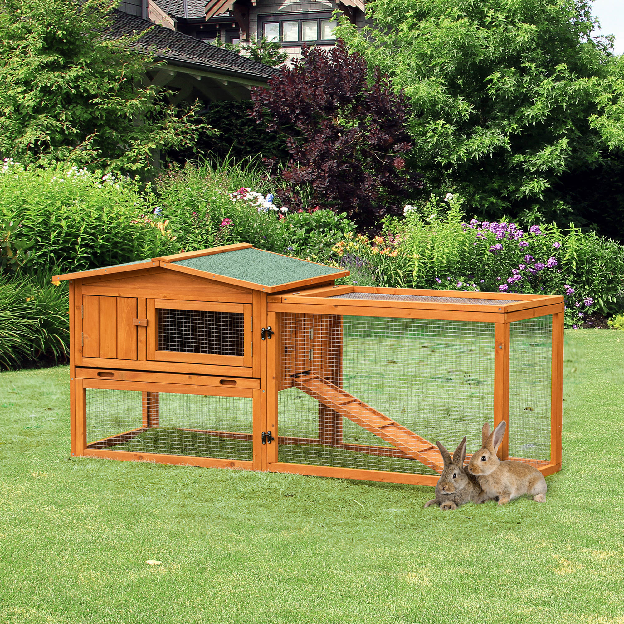 Pawhut Coniglioiera per roditori 2 piani vaschetta per deiezioni recinto esterno removibile tetto apribile 156L x 58l x 68H cm legno massello pino