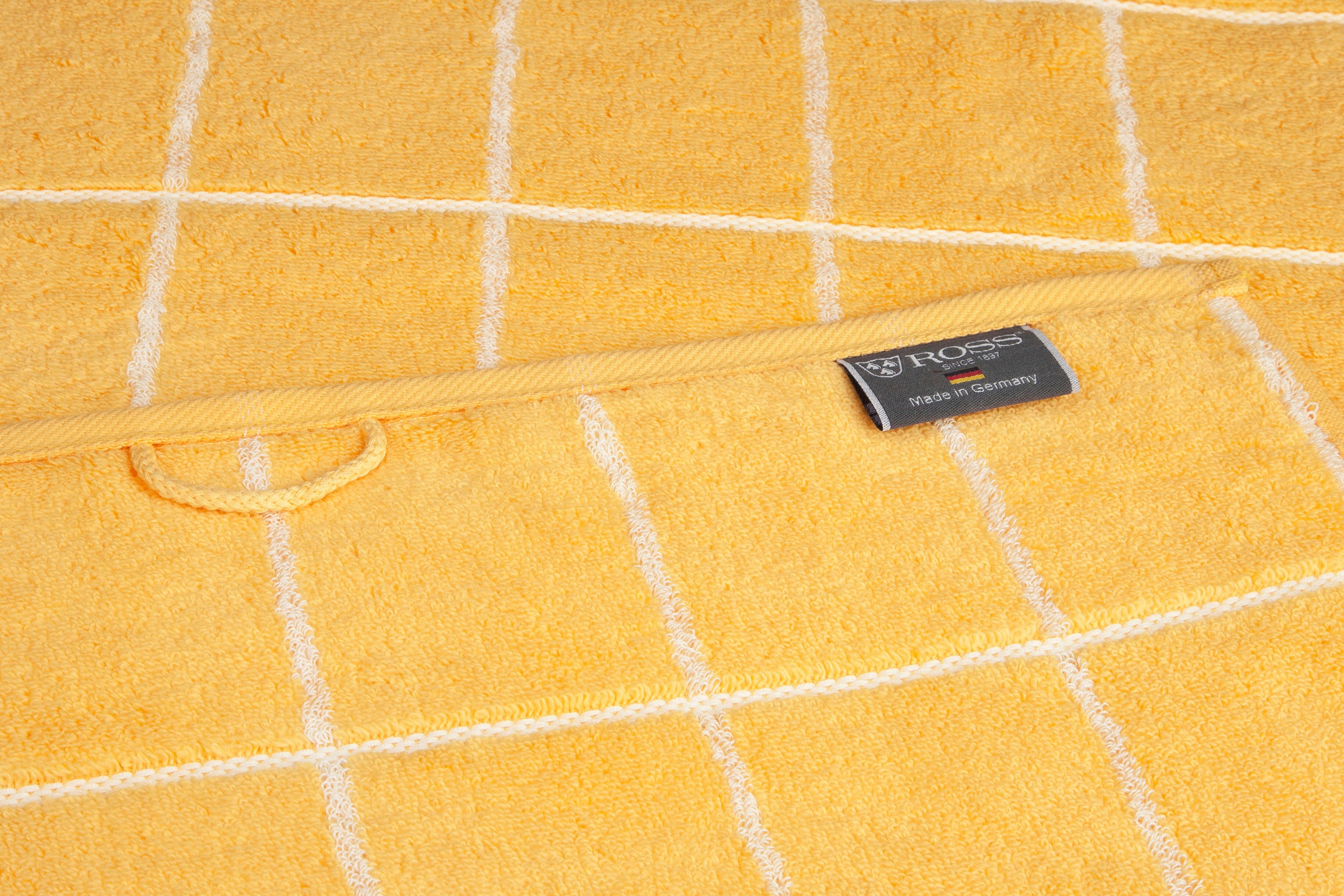 Duschtuch ROSS "Überkaro 9032", orange (ginster, weiß), B:75cm L:140cm, Frottier, Baumwolle, Handtücher, Duschtuch, 100% Baumwolle, kariert, in modischen Karo Farben ginster, weiß B/L: 75cmx140cm, 1 Stk., Vierecke Würfel, Frottier