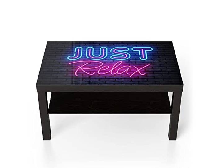 DEQORI Glastisch schwarz groß 90x50 cm Motiv Spruch im Neon-Design ausgefallener Beistelltisch aus Glas Hochglanz Couchtisch fürs Wohnzimmer moderner Couch Tisch mit Design