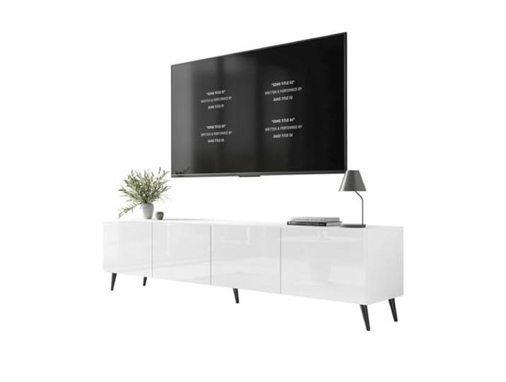 Lookway Moderner TV-Schrank in Weiß Hochglanz, optional mit LED-Beleuchtung auf schrägen Onyx-Beinen – COLGANTE 200 cm (Beine: Schwarz, ohne LED Beleuchtung)