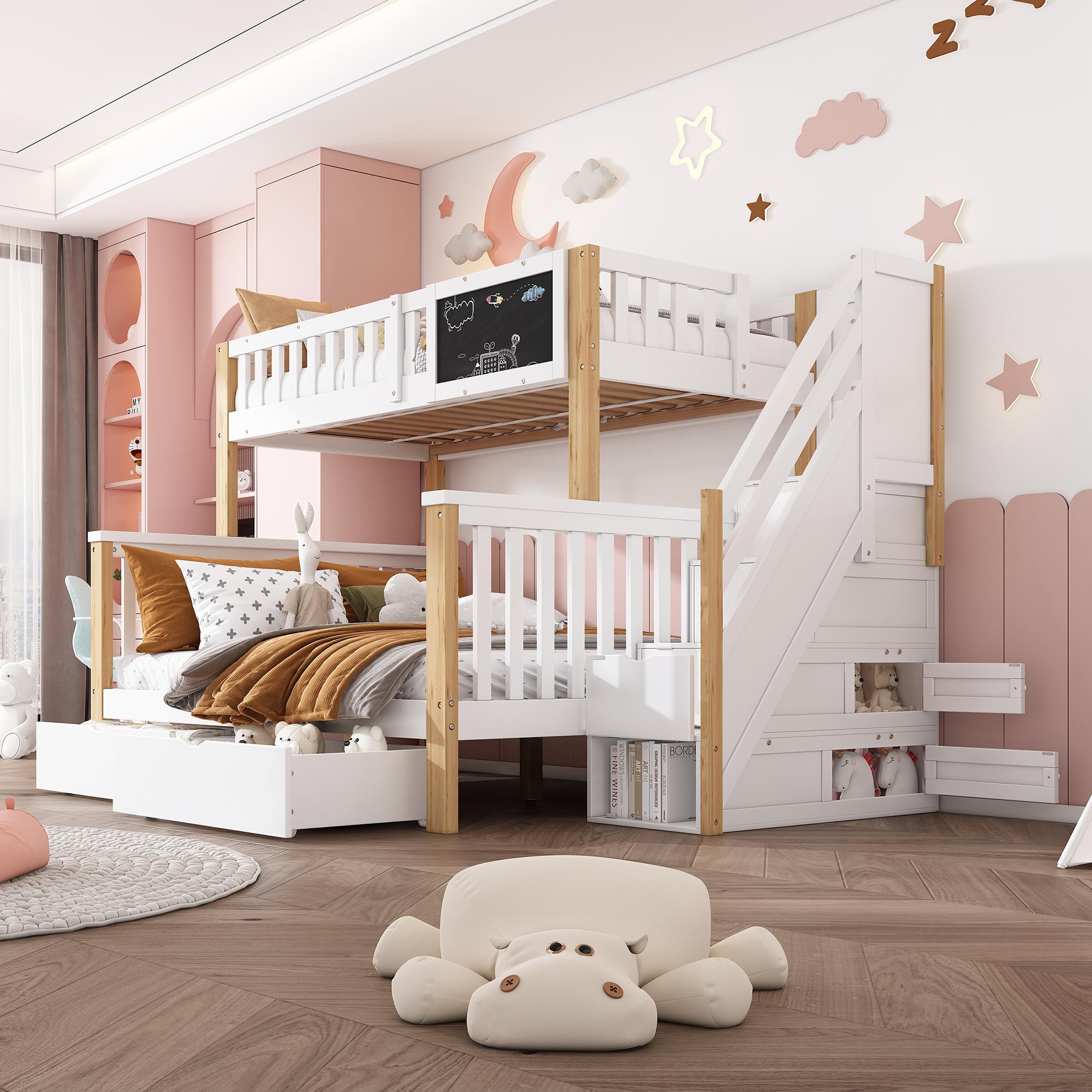 STILVORA Etagenbett 140x200+90x200 Doppelbett mit Tafel und zwei große Schubladen,Kinderbett mit Begrenzungszaun,weiß+helle Eiche(Ohne Matratze)
