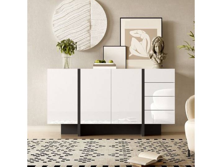 Comfyu - Buffet laqué brillant à 2 portes et 4 tiroirs stockage compartimenté idéal pour le salon ou la salle à manger - Blanc