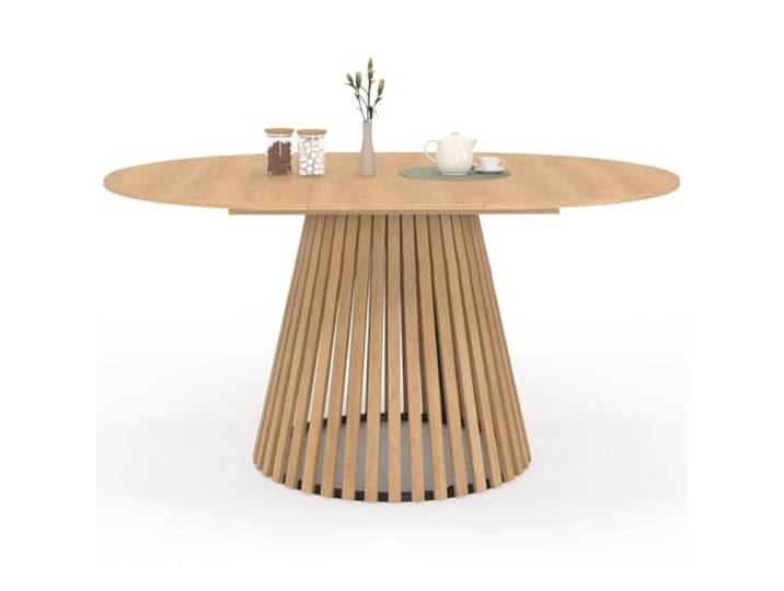 IDMarket - Ausziehbarer runder Esstisch Carmen 4-8 Personen Holzfuß aus Latten und Holzplatte 110-150 cm