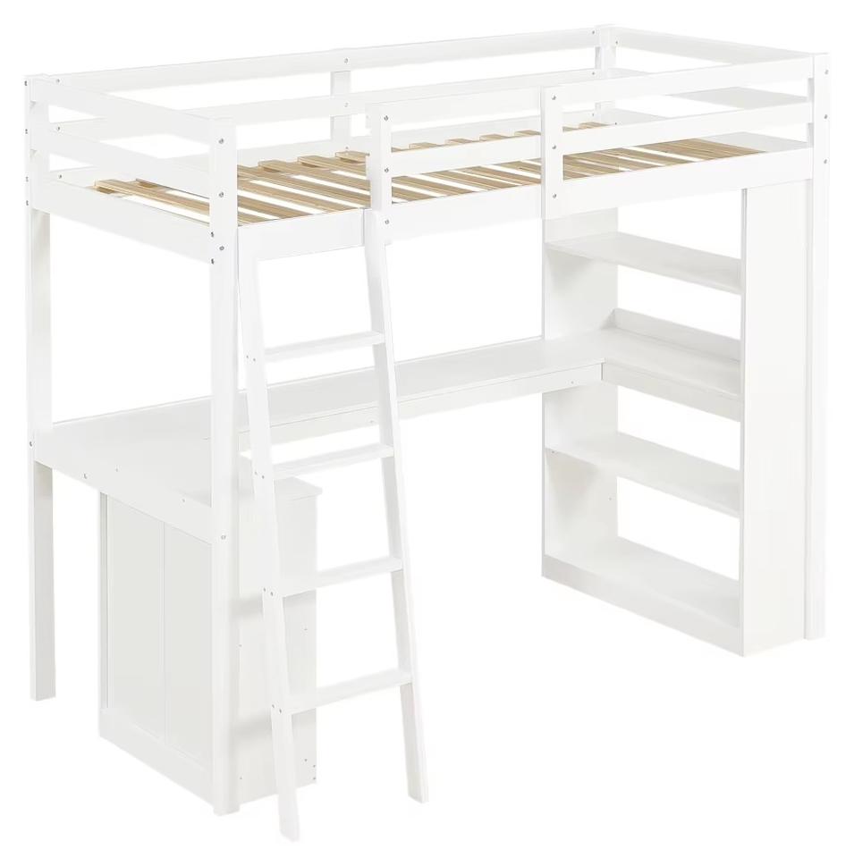 Kinderhochbett - 90 x 200 cm - Massivholz und MDF - Leiter - Sicherheitsgitter - Aufbewahrungsleiste - Weiß