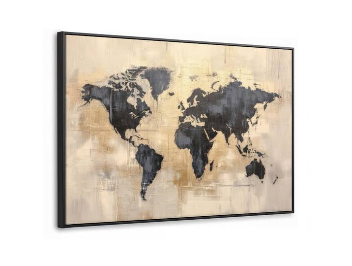 MuchoWow Leinwand Bilder mit Rahmen - Weltkarte - Gold - Schwarz - Abstrakt - 140x90, Kupferfarben, Rechteckig, 140x90 cm, gerahmt, Bilder & Rahmen, Bilder, Leinwandbilder