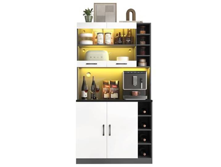 FurnitureR Küchenhochschrank, hoher Küchenschrank 100 x 47 x 187 cm, Weiß, MDF Vorratsschrank mit 4 Türen, APP-LED, Glastüren, Hochglanzfronten, für Pantry, Kaffeeecke und offene Wohnküche