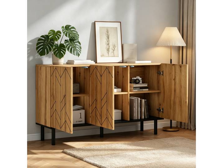 Buffet 120x35x70 Cm Bois Naturel En Panneaux De Particules Avec 3 Portes Et Motif Ondulé