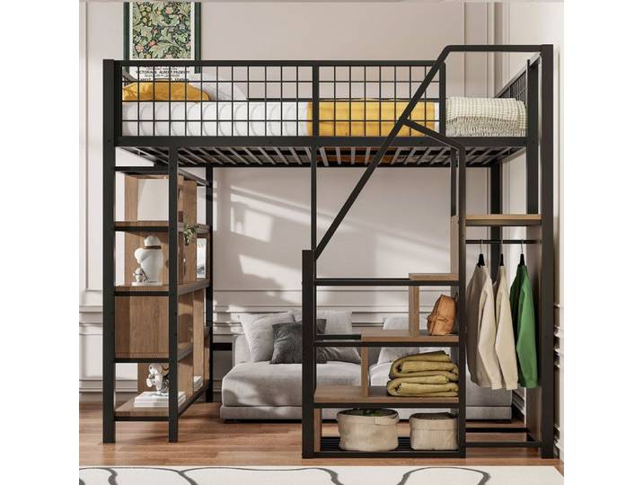 Lit mezzanine - Multifonctionnel - 140x200 cm - Métal - Rangement - Escalier - Noir