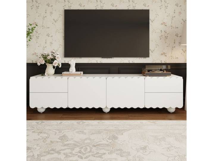 Meuble TV blanc minimaliste avec bords arrondis portes et tiroirs